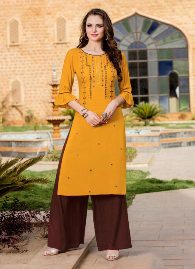 Meraki vol 4 heavy Reyon with Plazzo Embroidery Designer Kurtis Collections